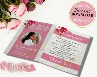 Pink Funeral Program Template, 8 page funeral program funeral template obituary template, obituary program, card Funeral Announcement