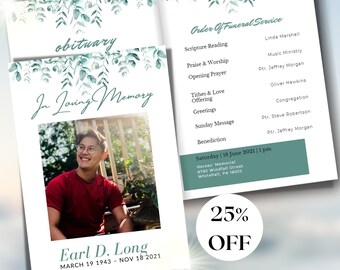 Peut inclure: Un modèle de programme de funérailles avec une bordure de feuilles vertes. Le programme comprend l'ordre du service, le nom du défunt, les dates de naissance et de décès, ainsi qu'une photo du défunt. Le texte "25% OFF" est dans un cercle en bas à droite de l'image.