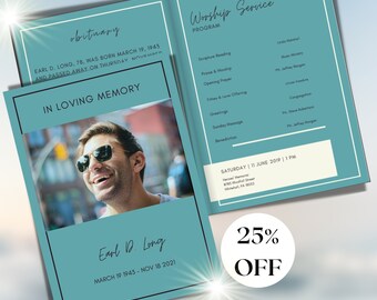 Peut inclure: Un modèle de programme de service funéraire bleu sarcelle avec une photo d'un homme souriant. Le programme comprend le texte "Worship Service Program" et une liste de l'ordre du service. Le texte "Saturday | 11 June 2019 | 1 PM" est également inclus. Le programme est à 25% de réduction.