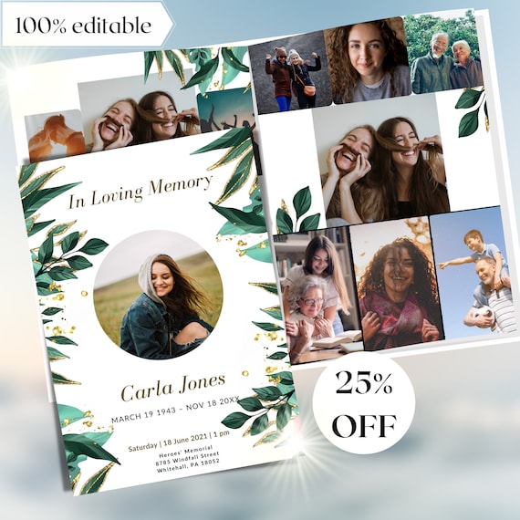 Green Leave Funeral Program Template 8 Page Funeral Program Etsy