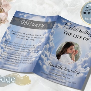 Tabloid funeral program template,8 page funeral program template,11x17 obituary template for women, canva funeral obituaries blue and purple