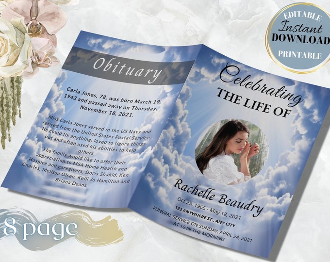 Christian Funeral Program Template 8 Page, Editable, 8.5x5.5, 8.5x11 Etsy