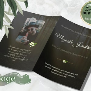 8 page obituary program, 11x17 obituary template for men, Canva funeral obituaries blue and purple,