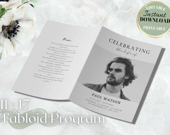 Tabloid funeral program template for man,8 page funeral template,11x17 obituary template for men,canva funeral obituaries blue and purple