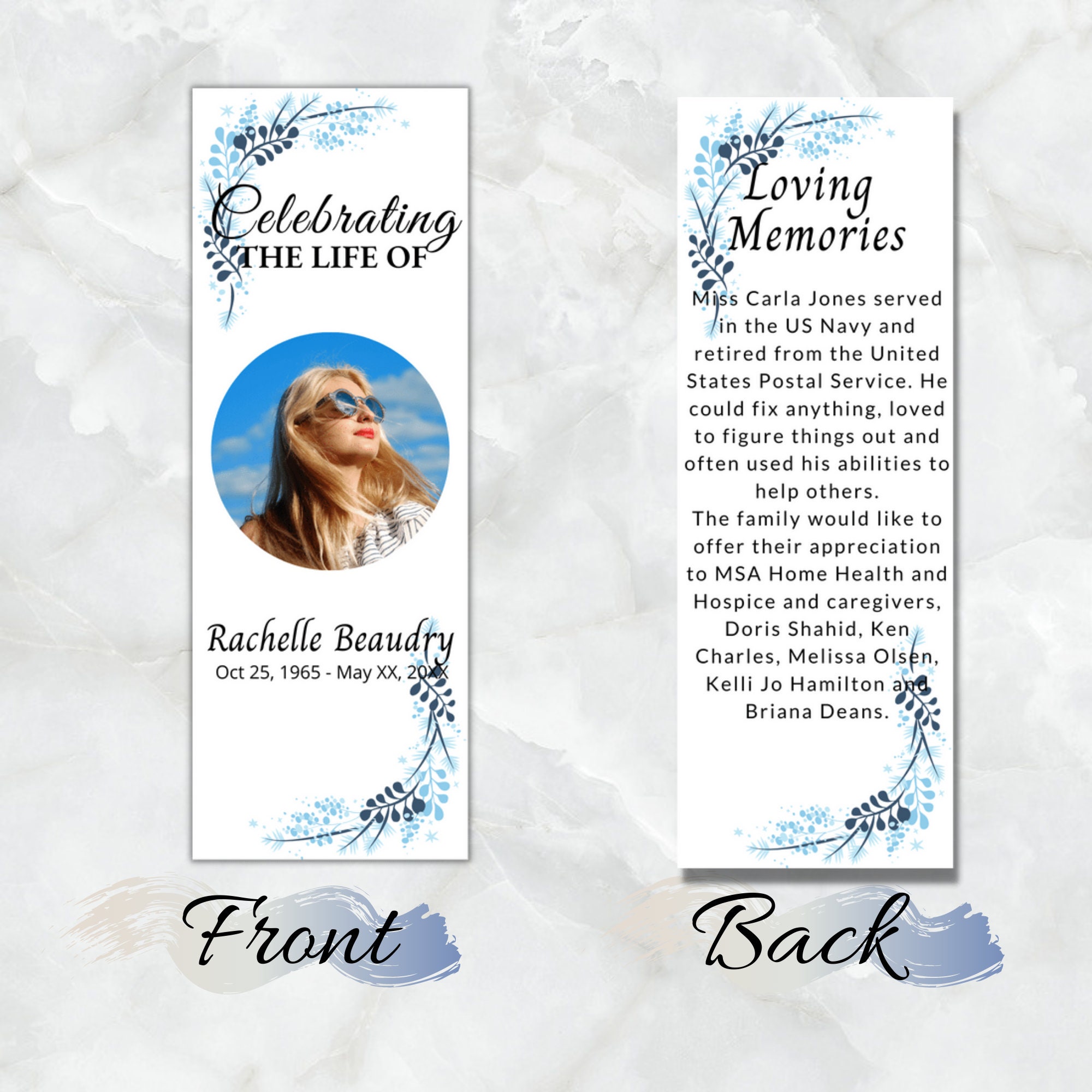 White Obituary Bookmark Printable Bookmark Funeral Program Template Floral Bookmark Editable ...