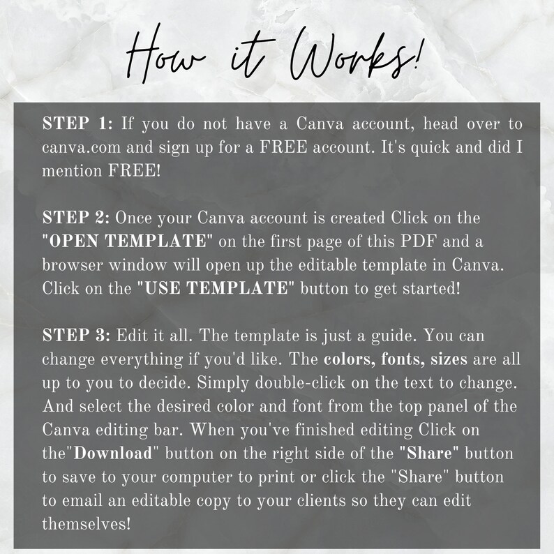 May include: A gray and white graphic with instructions on how to use a Canva template. The text says "How it Works!" and includes steps on how to edit the template, download it, and share it.