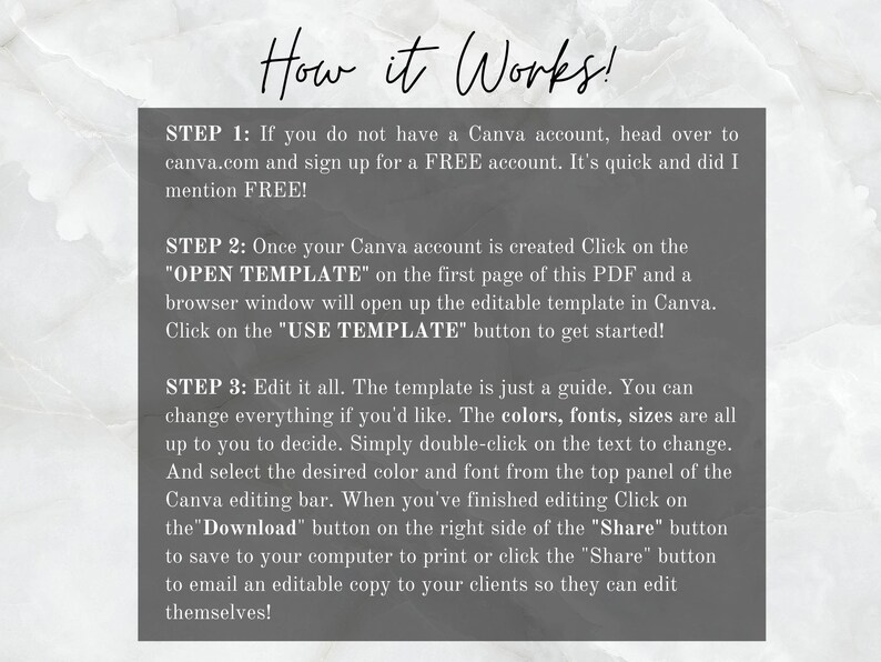May include: A guide titled "How it Works!" with instructions for using a Canva template. The text is on a gray background with a marble effect. The steps include creating a Canva account, opening the template, and editing the colors, fonts, and sizes.