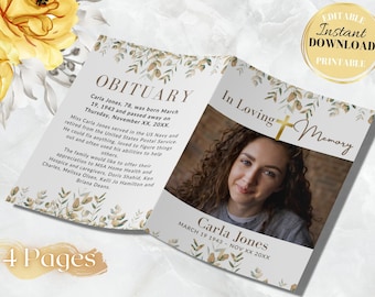 Tabloid funeral program template, 8 page funeral program template, 11x17 obituary template for women, canva funeral obituaries gold