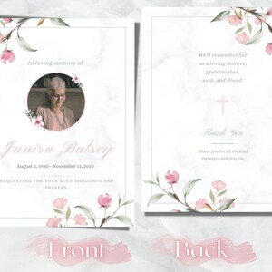 May include: A memorial card with a marble background and floral accents. The front features a photo, name, and dates. The back includes a cross and text: "We'll remember her as a loving mother, grandmother, aunt, and friend."