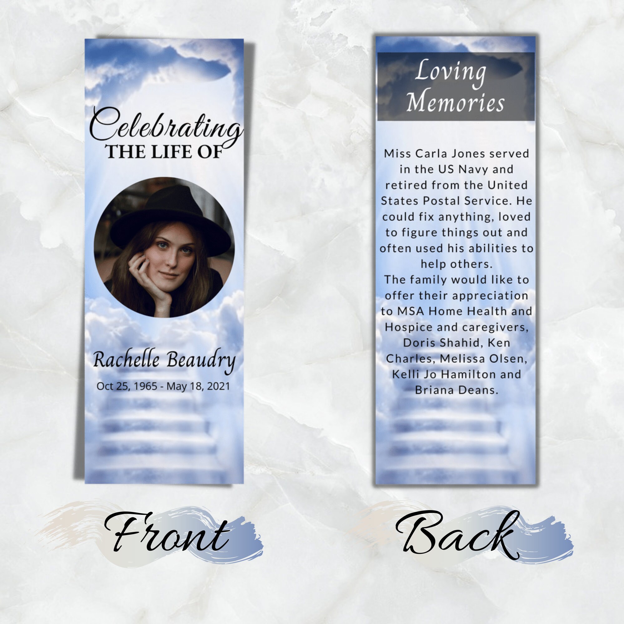 Sky Blue Obituary Bookmark Printable Bookmark Funeral Program Template Floral Bookmark Editable ...