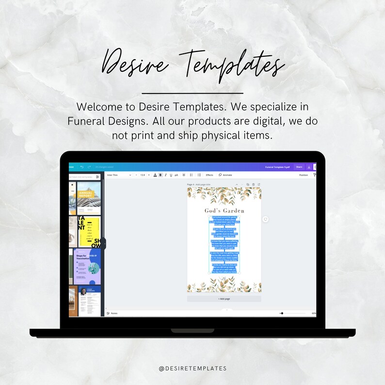 K&ouml;nnte beinhalten: Ein Laptop-Bildschirm zeigt ein digitales Trauerkarten-Design mit dem Text "Gottes Garten" in einem goldenen und wei&szlig;en Blumenrahmen. Das Design wird in einem Computerprogramm bearbeitet.