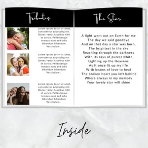 May include: A black and white image of a book with a white marble background. The book is open to a page with the title "Tributes" and a poem about a star. The poem reads, "A light went out on Earth for me The day we said goodbye And on that day a star was born, The brightest in the sky Reaching through the darkness With its rays of purest white Lighting up the Heavens As it once lit up my life With beams of love to heal The broken heart you left behind Where always in my memory Your lovely star will shine".