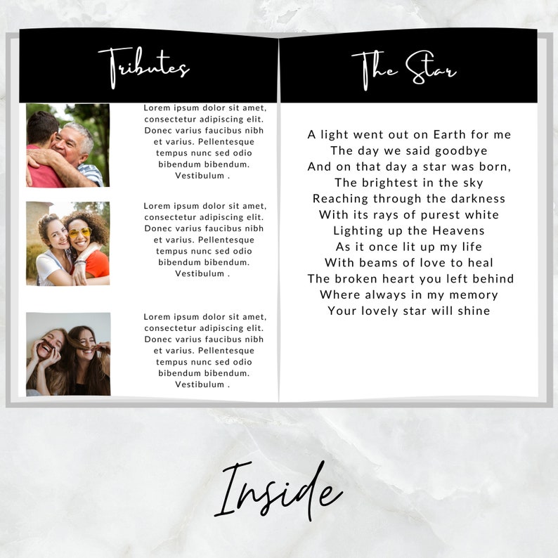May include: A black and white image of a book with a white marble background. The book is open to a page with the title "Tributes" and a poem about a star. The poem reads, "A light went out on Earth for me The day we said goodbye And on that day a star was born, The brightest in the sky Reaching through the darkness With its rays of purest white Lighting up the Heavens As it once lit up my life With beams of love to heal The broken heart you left behind Where always in my memory Your lovely star will shine".