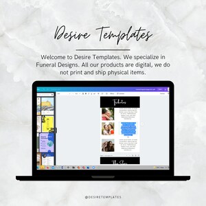 May include: A laptop computer screen displaying a digital funeral program template with a black background and white text. The template includes a photo of a couple and the word "Tributes". The screen also shows a thumbnail of other templates.