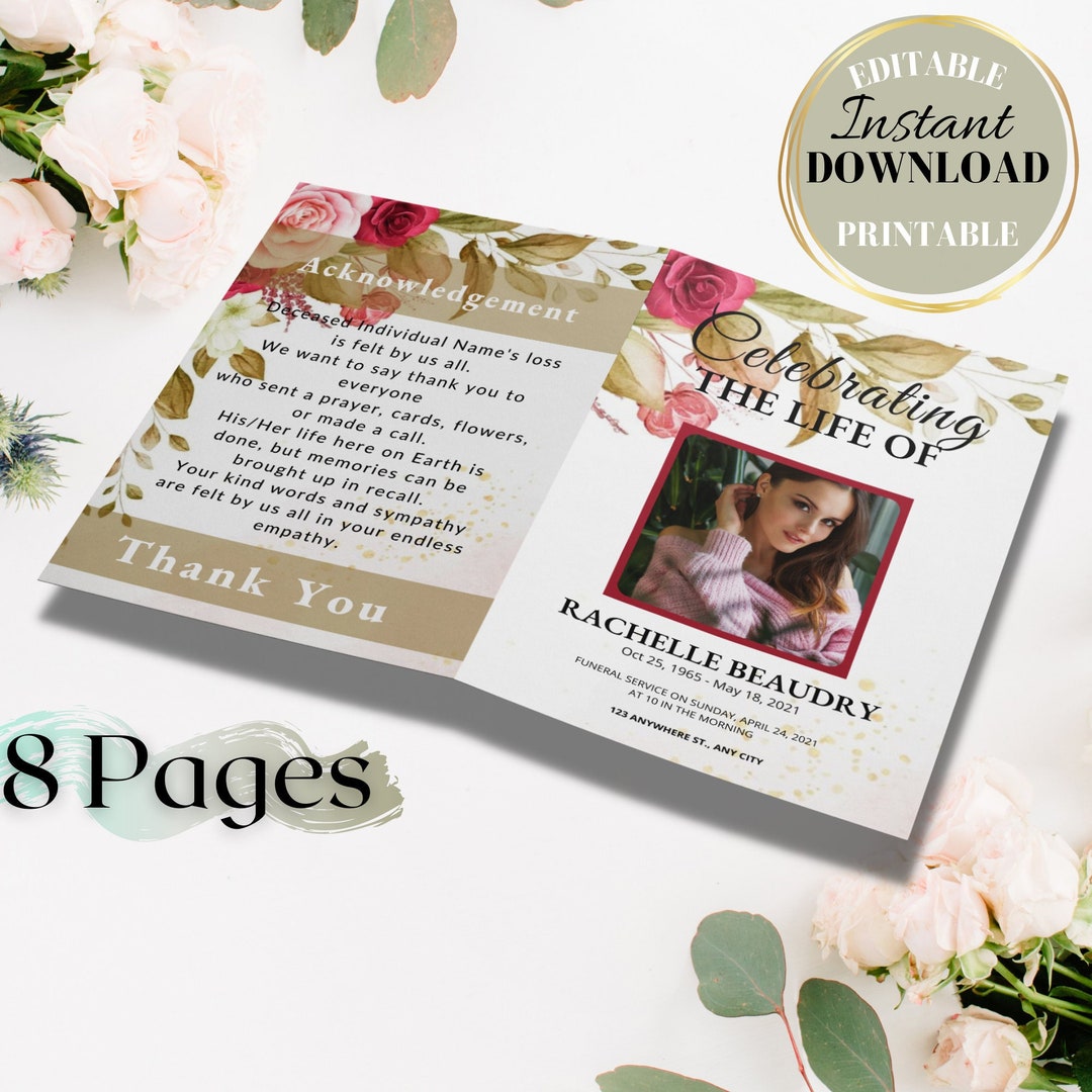 Program Flower Design Floral Flower Funeral Program Template, 8 Page Funeral Program Funeral ...
