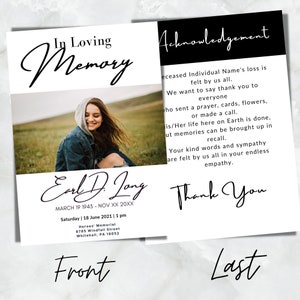 May include: Black and white memorial card with a photo of a woman in a denim jacket. The card reads "In Loving Memory" and "Earl D. Long" with the dates "March 19 1943 - Nov XX 20XX". The card also includes the text "Acknowledgement" and "Thank You".