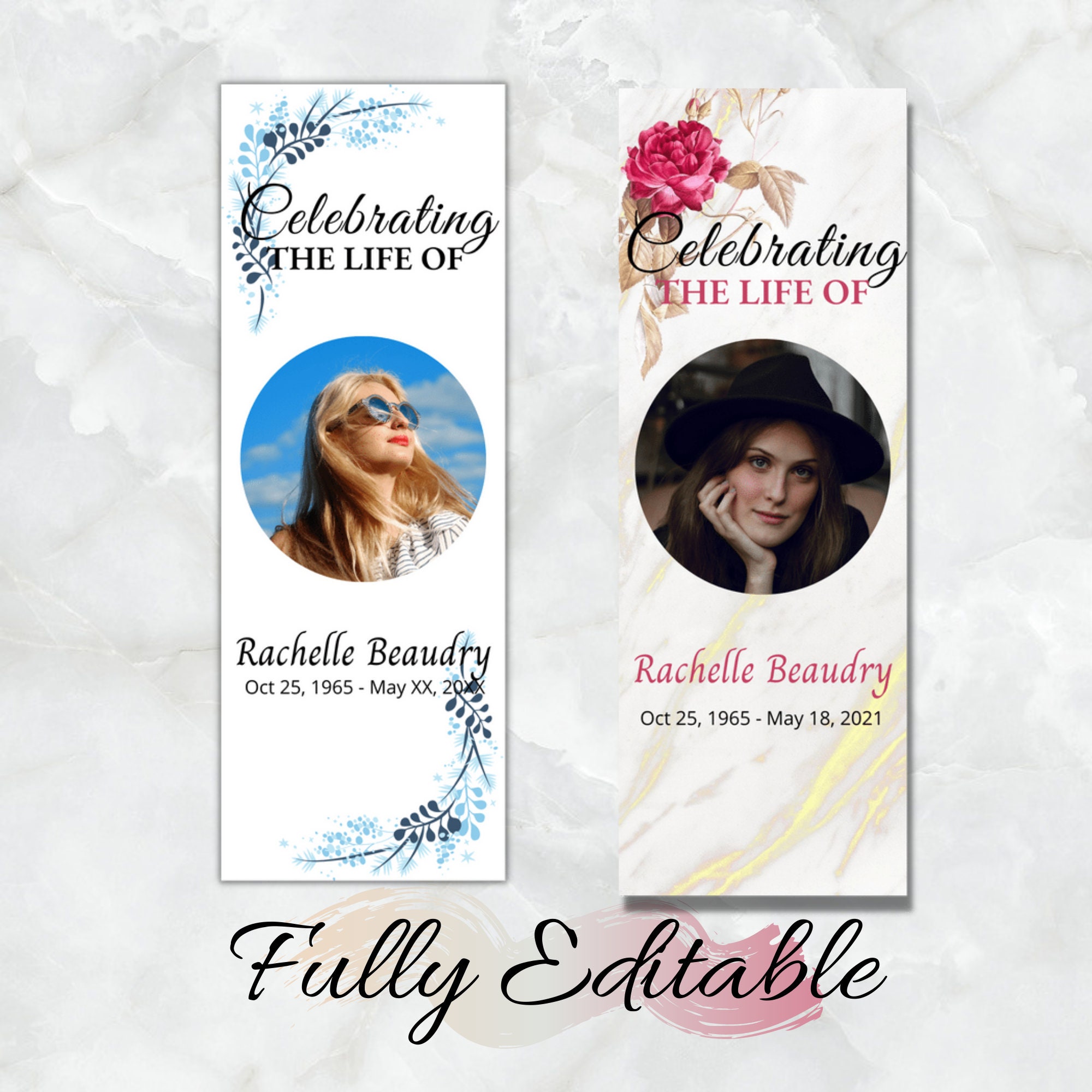 Pink Obituary Bookmark Printable Bookmark Funeral Program Template Floral Bookmark Editable ...