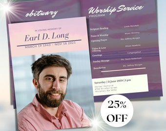 Peut inclure: Un programme de service funéraire violet et rose avec une photo d'un homme et le texte "Earl D. Long" et "March 19 1943 - Nov 18 2021". Le programme liste l'ordre du service pour un service de culte, y compris la lecture des Écritures, les louanges et l'adoration, la prière d'ouverture, les dîmes et l'offrande d'amour, les salutations, le message du dimanche et la bénédiction. Le programme liste également les noms des personnes qui participeront au service.
