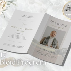 Tabloid funeral program template for man,8 page funeral template,11x17 obituary template for men,canva funeral obituaries blue and purple