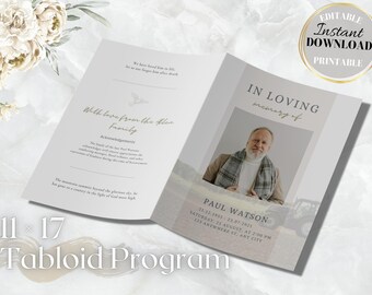 Tabloid funeral program template for man,8 page funeral template,11x17 obituary template for men,canva funeral obituaries blue and purple