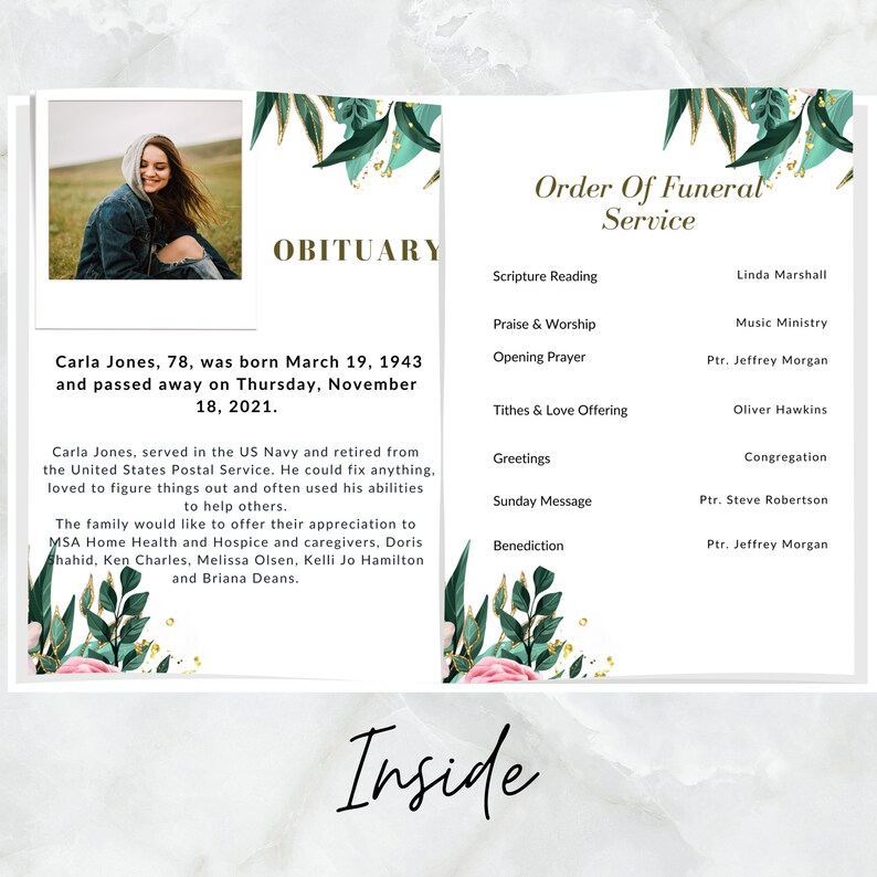 Green Leave Funeral Program Template 8 Page Funeral Program Etsy