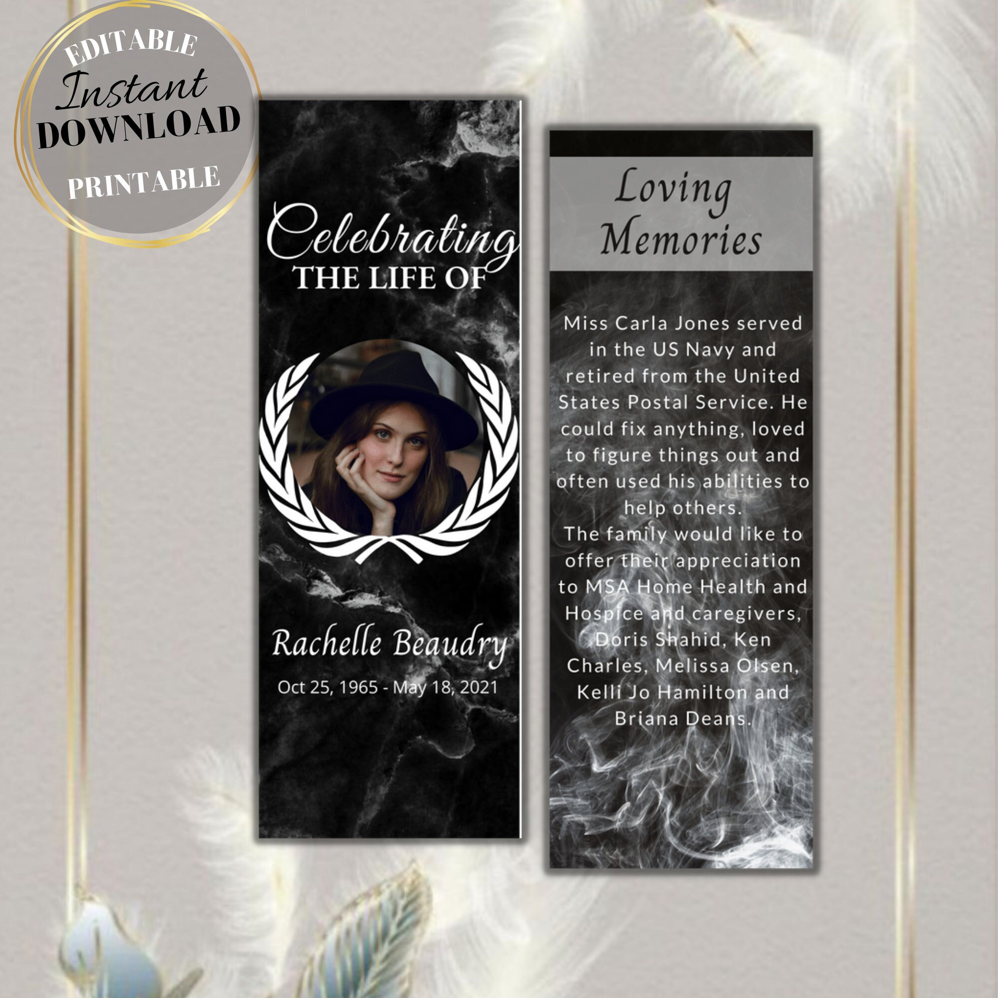 Black Obituary Bookmark Printable Bookmark Funeral Program Template Floral Bookmark Editable ...