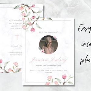 May include: A memorial card design with a marble background and floral accents. The card includes text that reads "In loving memory of Janira Balsey" with dates, and "Easy to insert photos."