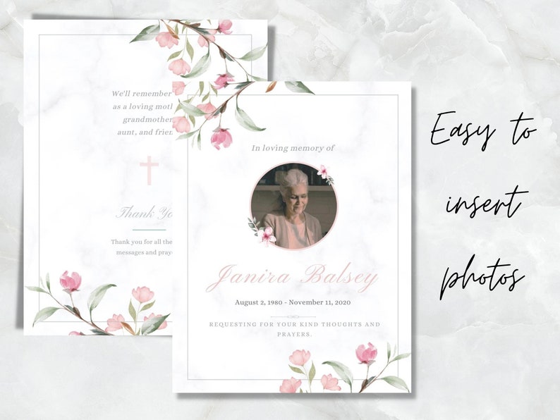May include: A memorial card design with a marble background and floral accents. The card includes text that reads "In loving memory of Janira Balsey" with dates, and "Easy to insert photos."