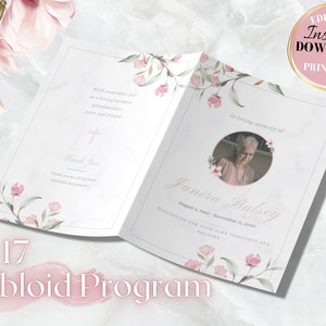 Tabloid funeral program template,8 page funeral program template,11x17 obituary template for women, canva funeral obituaries blue and purple