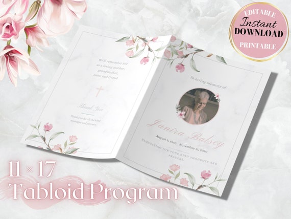 Tabloid funeral program template,8 page funeral program template,11x17 obituary template for women, canva funeral obituaries blue and purple
