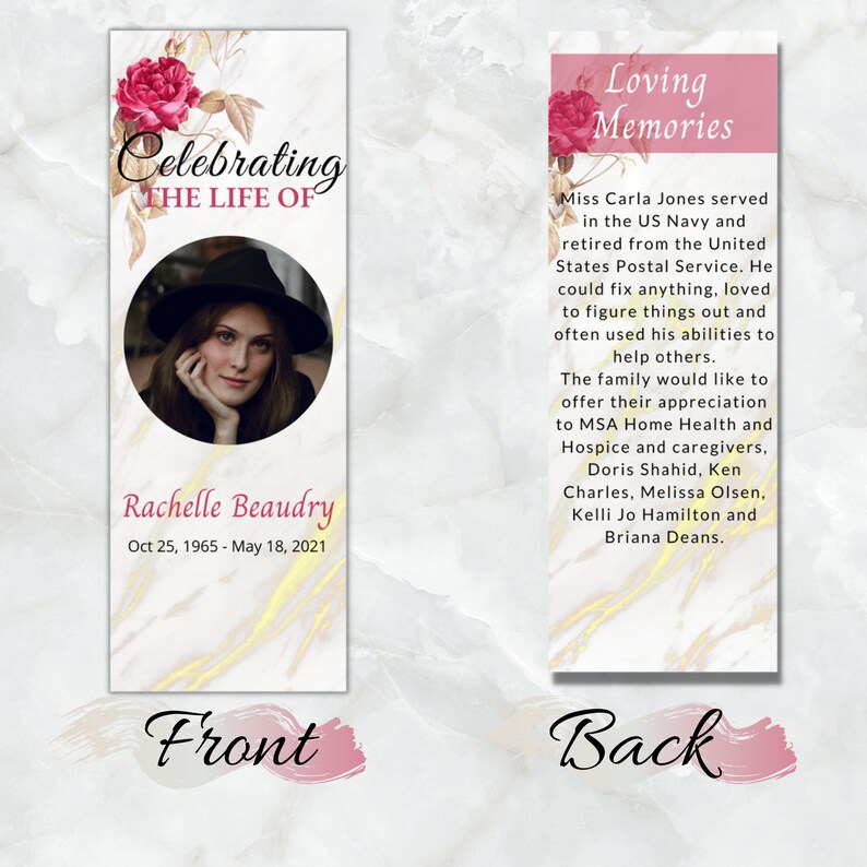 Pink Obituary Bookmark Printable Bookmark Funeral Program Template Floral Bookmark Editable ...