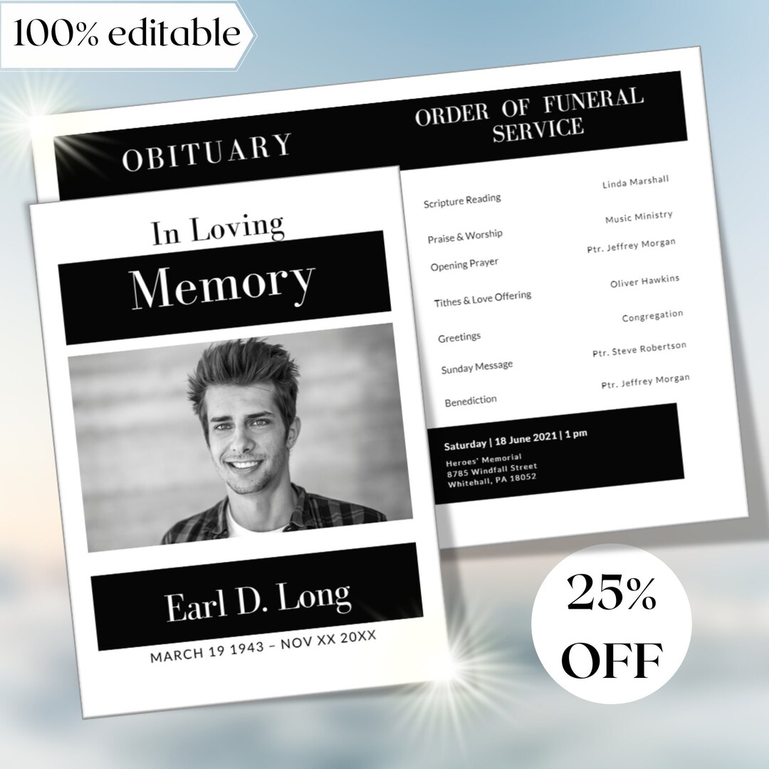 Black N White Funeral Program Template, 4 Page Funeral Program Funeral ...