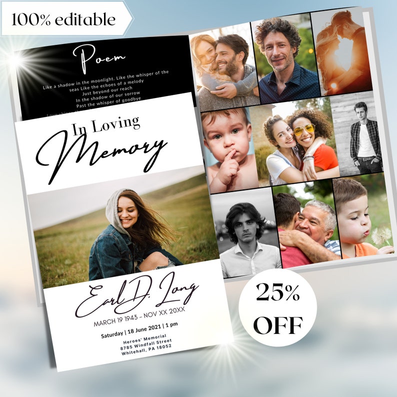 May include: A black and white memorial card with a poem and a photo collage. The poem reads "Like a shadow in the moonlight. Like the whisper of the seas Like the echoes of a melody Just beyond our reach In the shadow of our sorrow Past the whisper of goodbye." The card also includes the text "In Loving Memory" and "Earl D. Jang" with the dates "March 19 1943 - Nov XX 20XX". The photo collage includes photos of a man and woman, a baby, and a group of people.