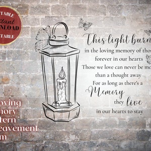 May include: A black and white illustration of a lantern with a lit candle inside. The lantern is surrounded by butterflies. The text "This light burns in the loving memory of those forever in our hearts. Those we love can never be more than a thought away. For as long as there's a Memory they live in our hearts to stay." is written below the lantern.