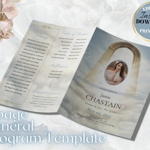 May include: A two-page funeral program template with a light blue and white color scheme. The front page features a photo of a woman under a cloudy sky with a stone archway. The back page includes sections for the obituary, order of service, pallbearers, and acknowledgement. The text on the front page reads "In loving memory of Jamie Chastain, October 06, 1975 - May 05, 2023, May 09, 2023, Saint Somewhere, Any City, For directions please call at 555-555-5555."
