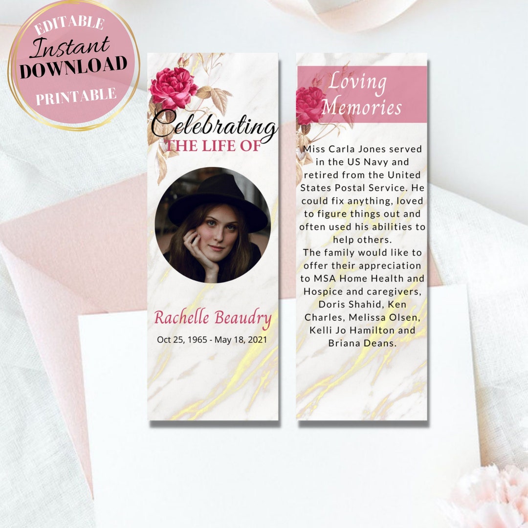 Pink Obituary Bookmark Printable Bookmark Funeral Program Template Floral Bookmark Editable ...