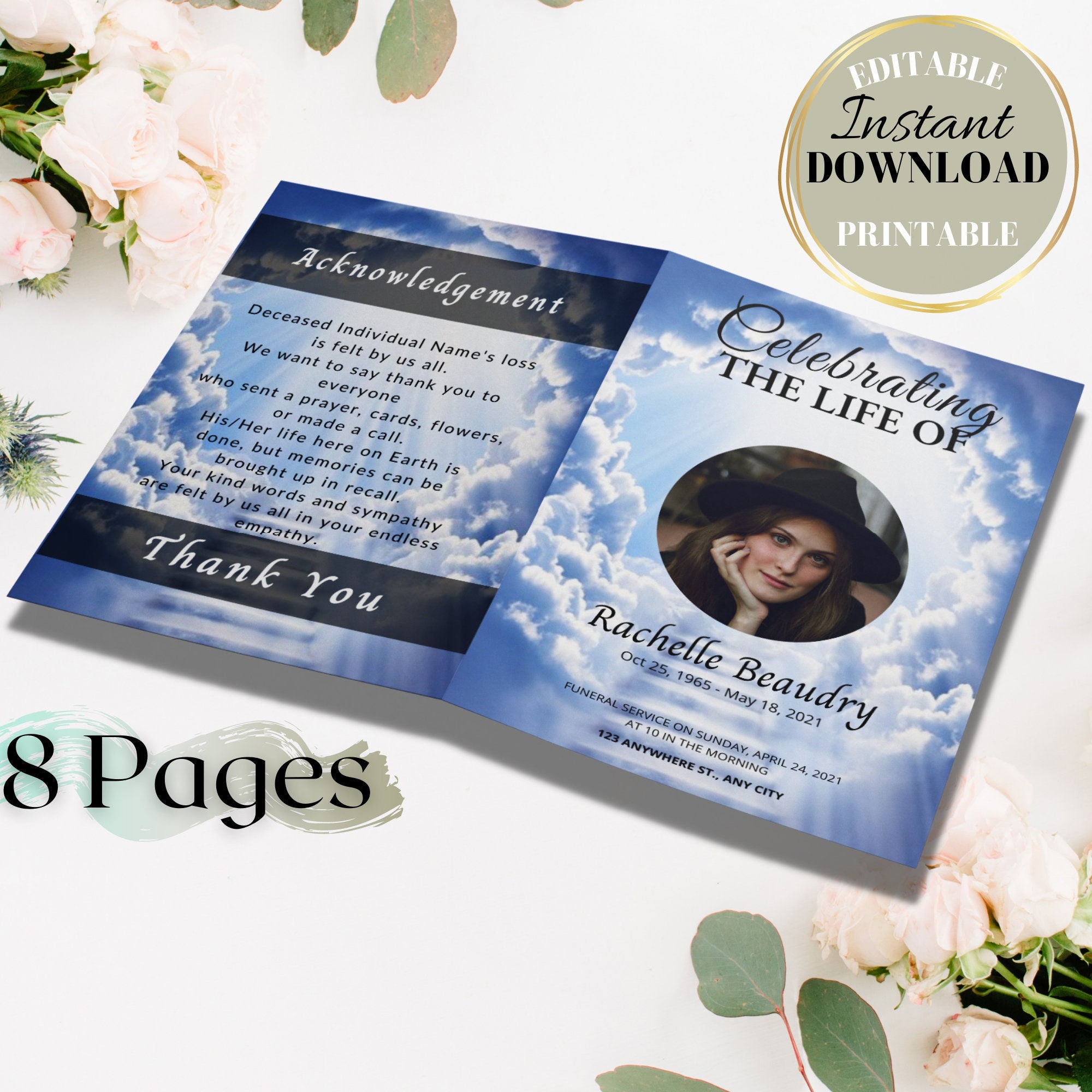 Editable Sky blue 8.5 x 11 funeral program template for men, 8.5x11 obituary template, 8 page obituary template for women,8 page funeral