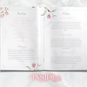May include: A memorial booklet with a soft, floral design. The open pages display text with headings like "Readings," "Obituary," and "Tributes." Pink floral accents adorn the corners, and the word "INSIDE" is at the bottom.