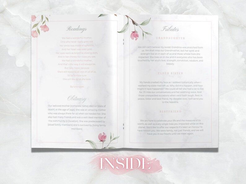 May include: A memorial booklet with a soft, floral design. The open pages display text with headings like "Readings," "Obituary," and "Tributes." Pink floral accents adorn the corners, and the word "INSIDE" is at the bottom.