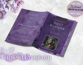 Tabloid funeral program template, 8 page funeral program template,11x17 obituary template for women,canva funeral obituaries blue and purple