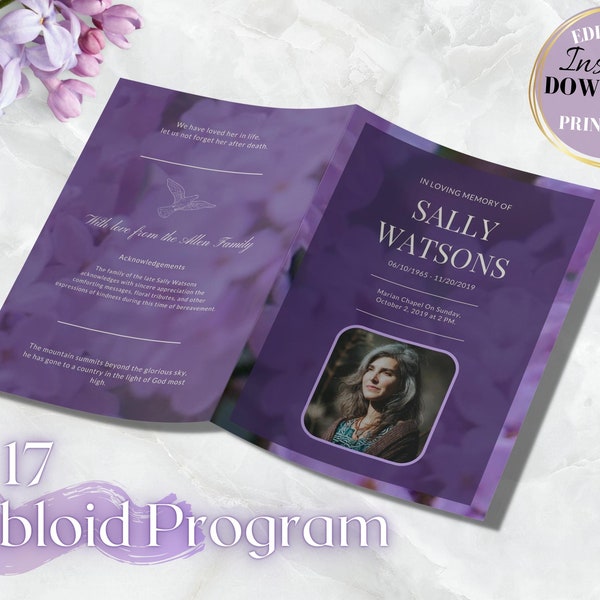 Tabloid funeral program template, 8 page funeral program template,11x17 obituary template for women,canva funeral obituaries blue and purple