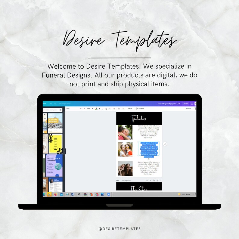 May include: A laptop computer screen displaying a digital funeral program template with a black background and white text. The template includes a photo of a couple and the word "Tributes". The screen also shows a thumbnail of other templates.