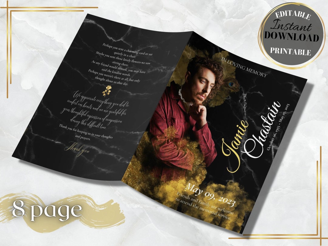 Gold Funeral Program Template, 8 Page Funeral Program Funeral Template