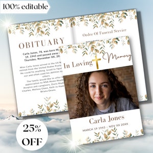 K&ouml;nnte beinhalten: Ein Trauerprogramm mit einem Foto einer Frau und einem floralen Design. Das Programm enth&auml;lt den Text "In Loving Memory" und "Carla Jones, March 19 1943 - Nov XX 20XX".