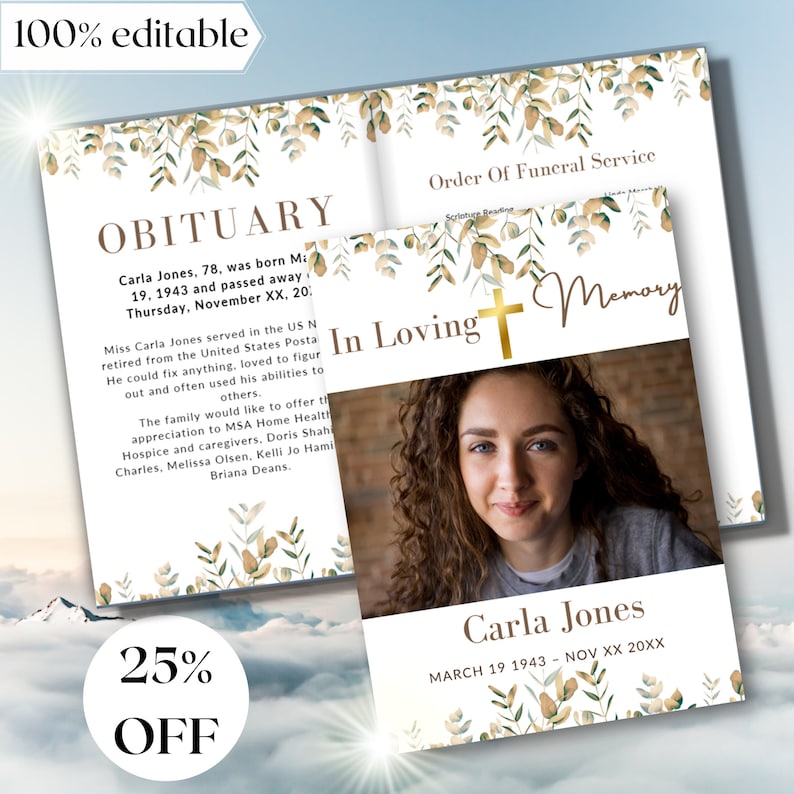 K&ouml;nnte beinhalten: Ein Trauerprogramm mit einem Foto einer Frau und einem floralen Design. Das Programm enth&auml;lt den Text "In Loving Memory" und "Carla Jones, March 19 1943 - Nov XX 20XX".