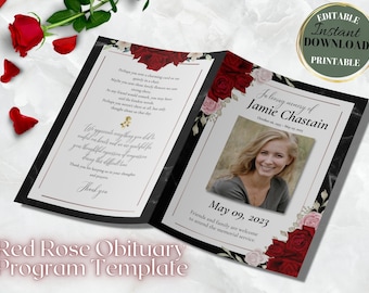 4 page red rose obituary program template,8.5x11 obituary template canva,template for funeral picture,funeral programs for men,Digital Canva