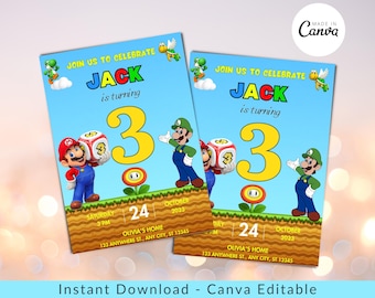 Invitación de Super Mario, invitación de cumpleaños, invitación de cumpleaños de Super Mario Bro, plantilla de invitación de cumpleaños editable de Mario de Canva, invitación de niño