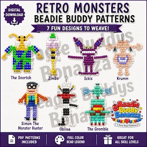 Könnte beinhalten: Ein digitales Download-Musterblatt mit dem Titel Retro Monsters Beadie Buddy Patterns, das sieben bunte Perlenmonster-Designs zeigt, darunter The Snortch, Zimbo, Ickis, Krumm, Simon The Monster Hunter, Oblina und The Gromble, sowie das Beadie Buddy Bonanza-Logo.