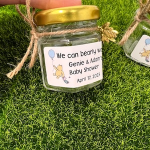 Winnie the Pooh Honey Jar Favors in 1.5oz Hexagon Jars , Honey Jar Party Favors , 1.5 oz Mini Honey Jars , Classic Bear Baby Shower Favors