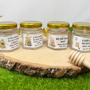 Winnie the Pooh Honey Jar Favors in 1.5oz Hexagon Jars , Baby Shower Favors, Mini Honey Jar Party Favors ,  Custom Honey Jars